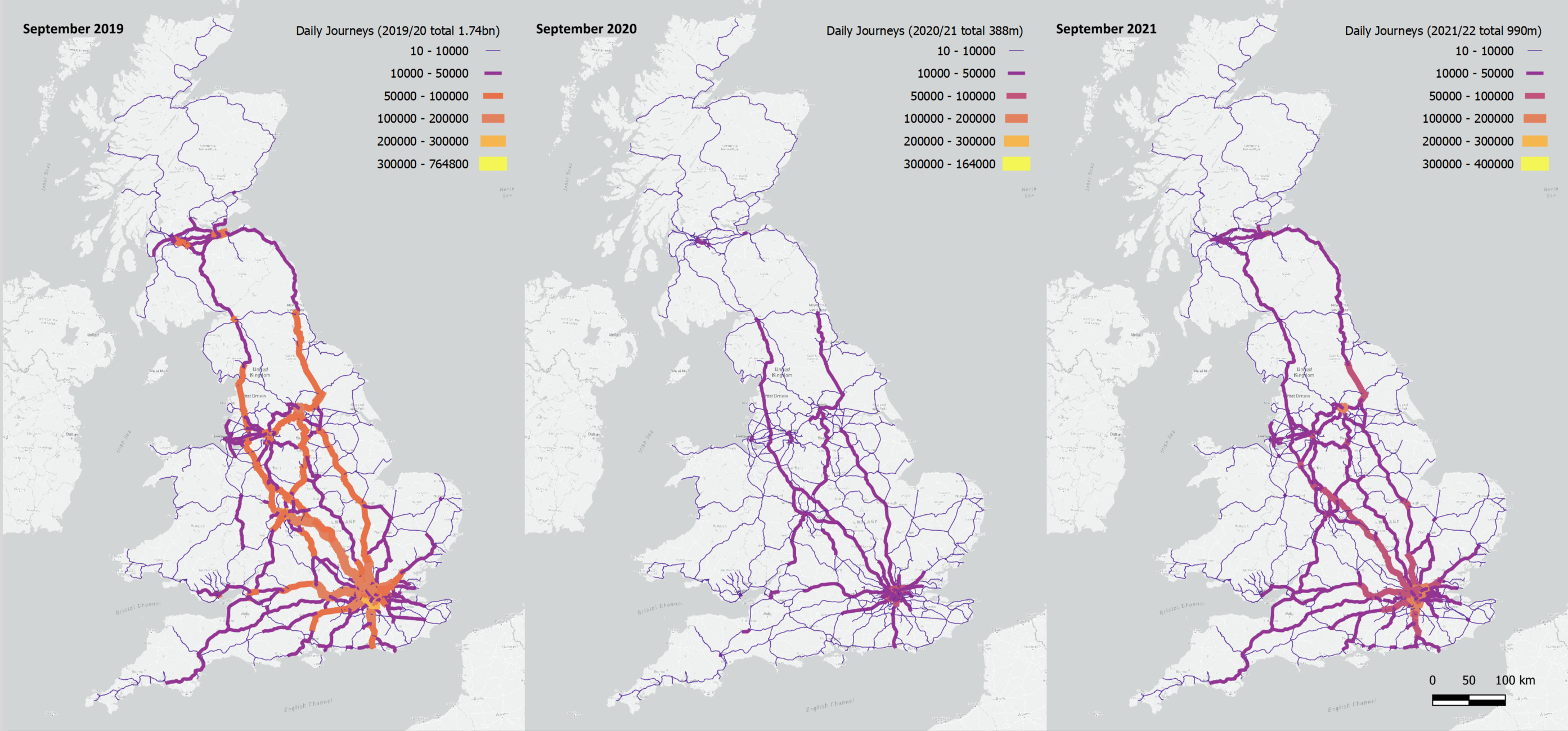 Three side-by-side maps of Great Britain showing the changing nature of passenger journeys by rail route.